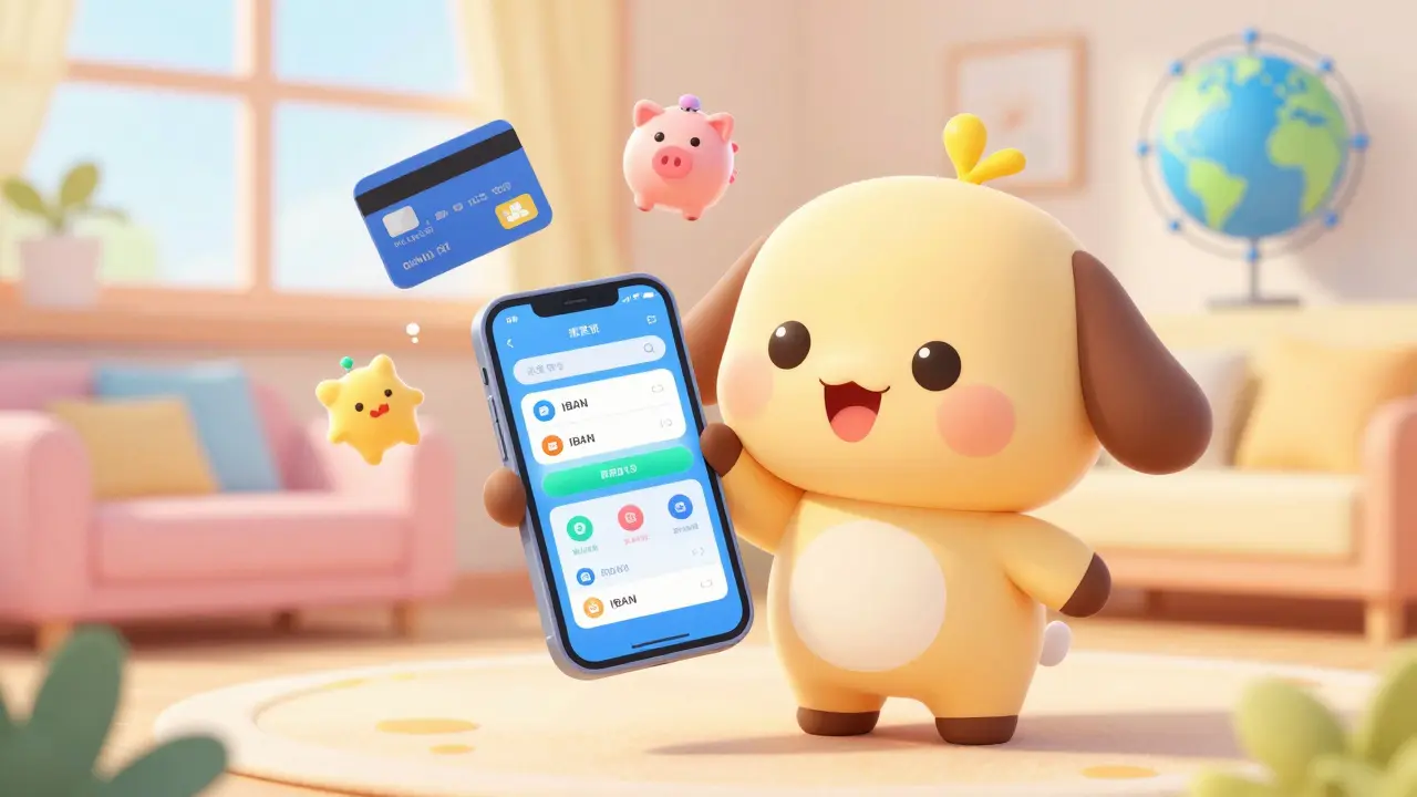 Chibi character using hi app with floating finance icons