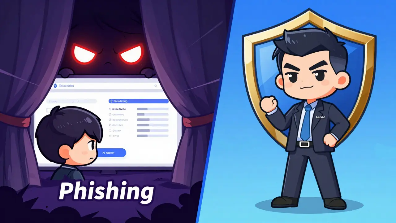 Chibi characters showing the difference between a phishing scam and a safe exchange