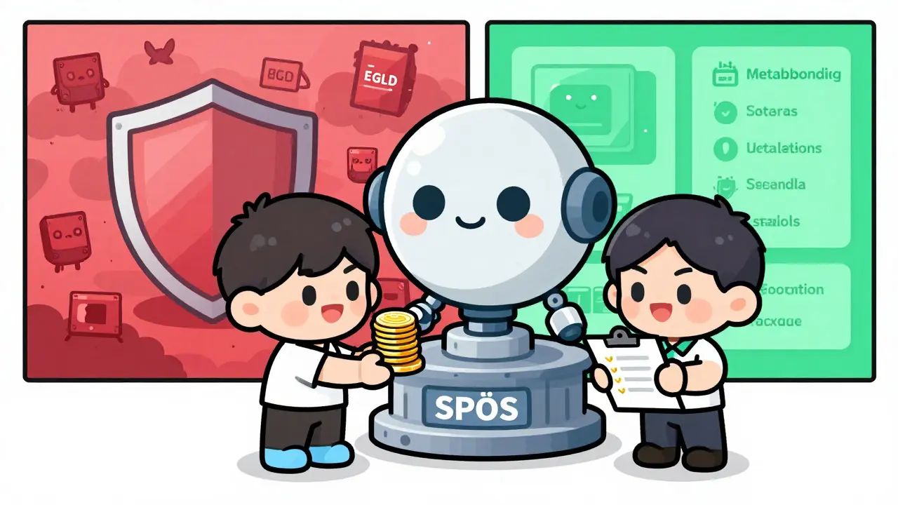 Chibi characters staking EGLD tokens with a friendly validator robot