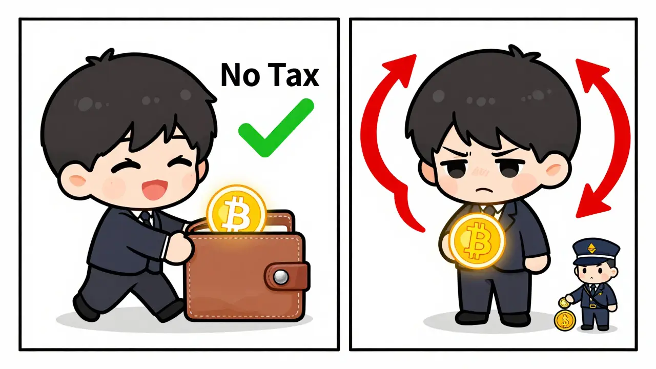 Chibi comparison of no-tax transfer vs taxed crypto swap