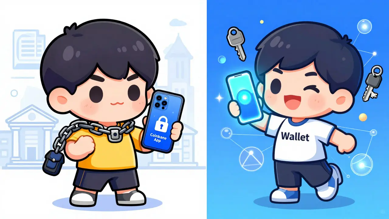 Chibi comparison of regulated Coinbase App vs free self-custody Wallet