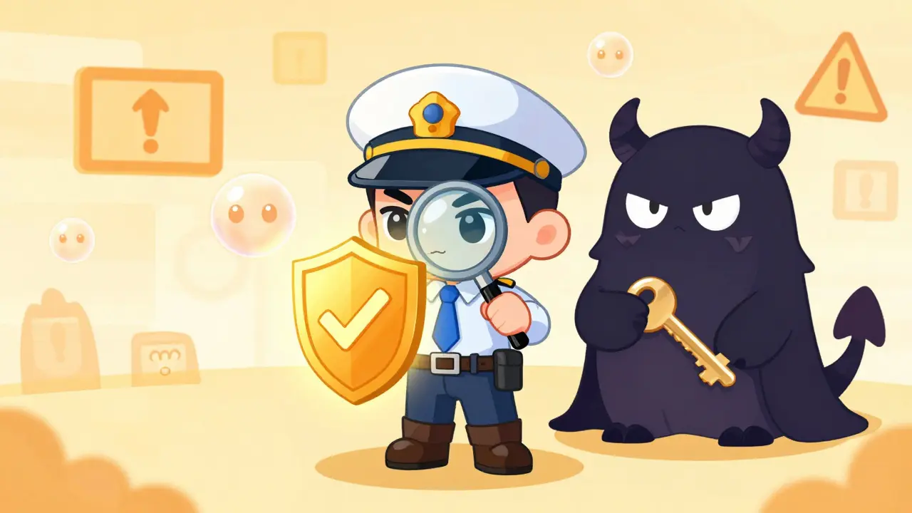 Chibi detective inspecting a security shield against a shadowy scammer
