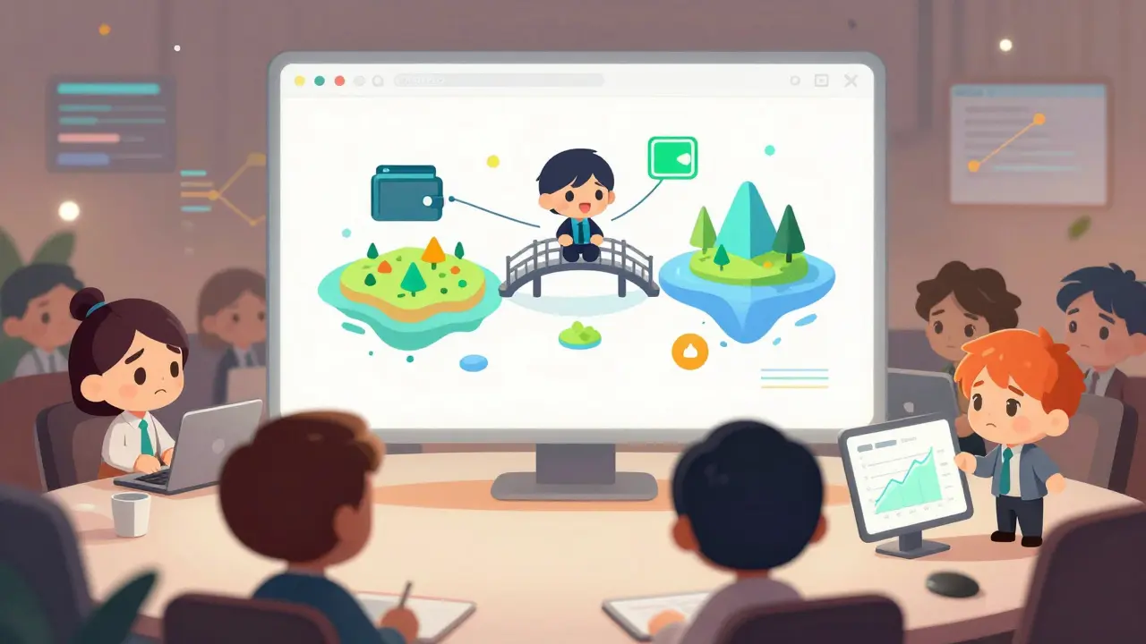 Chibi developers using a holographic trading interface and bridge