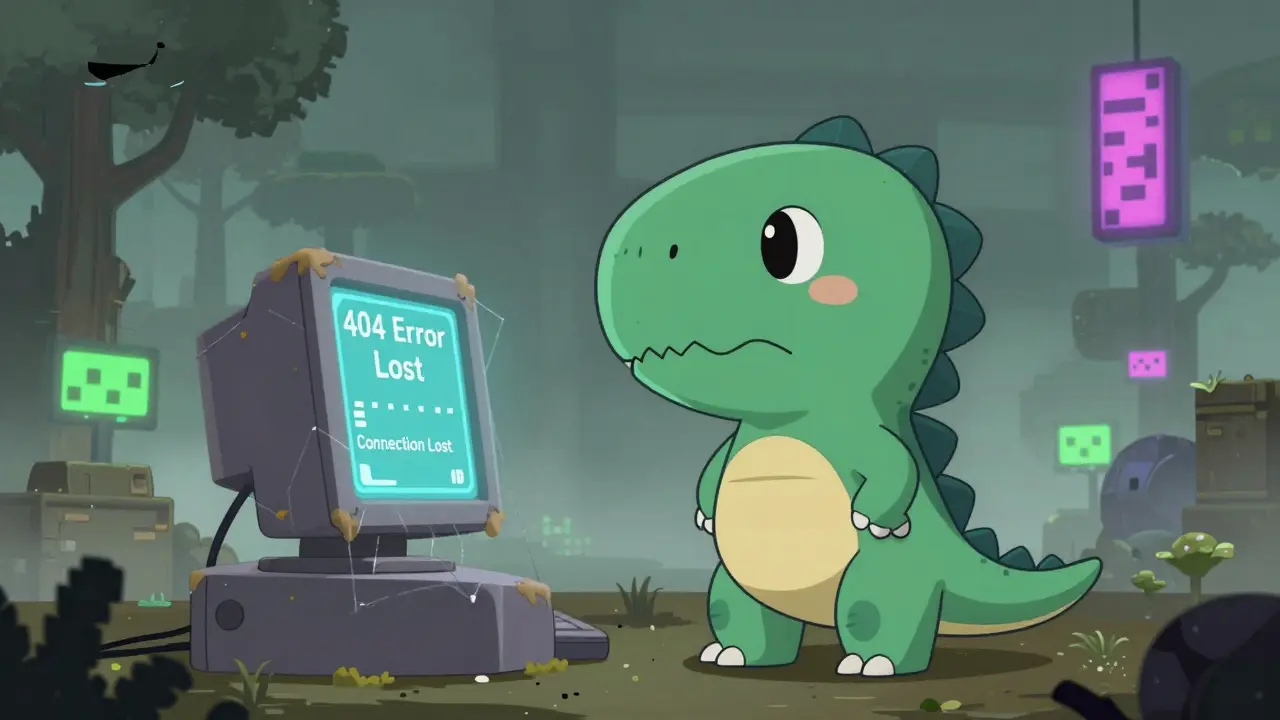 Chibi dinosaur looking skeptically at a broken, dusty computer terminal.