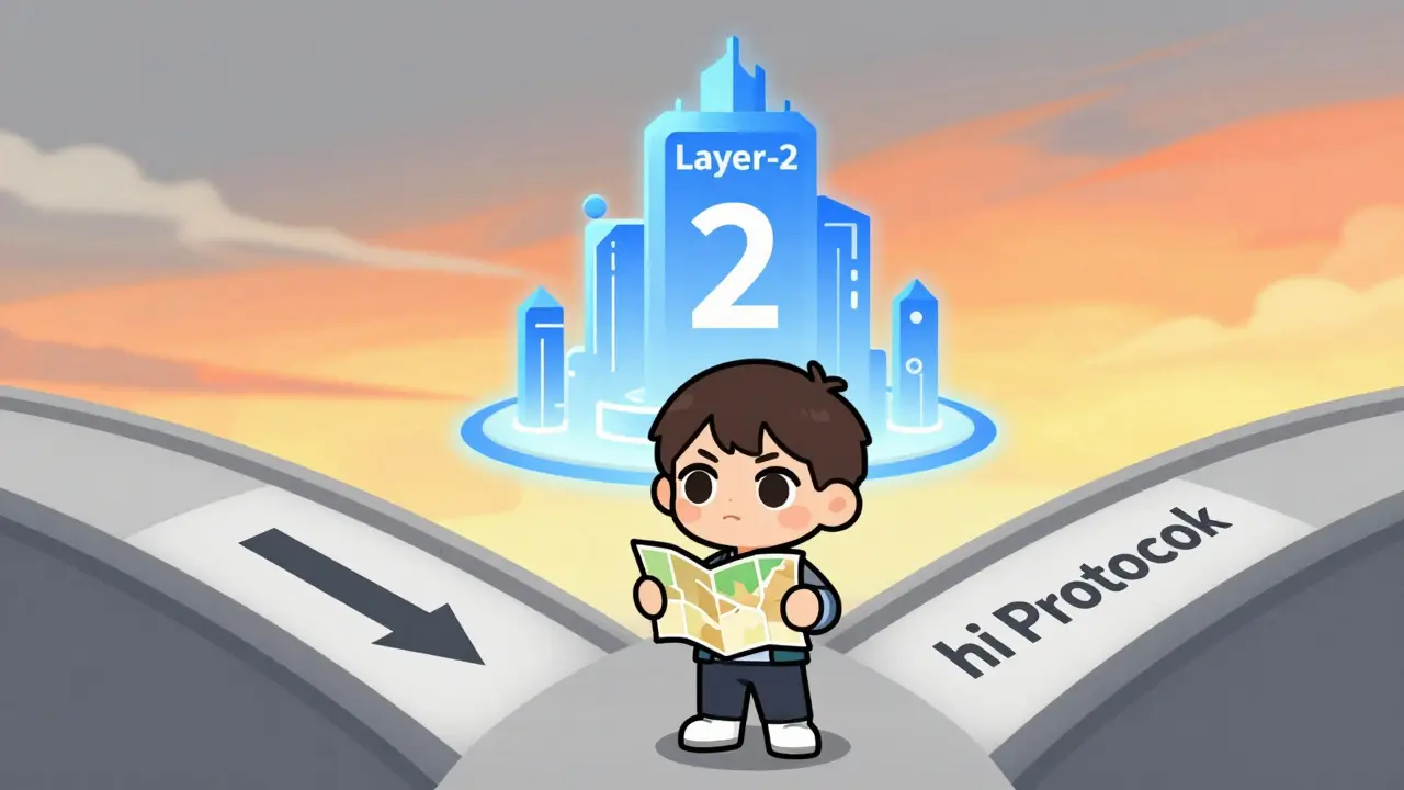 Chibi figure looking toward future blockchain tech path