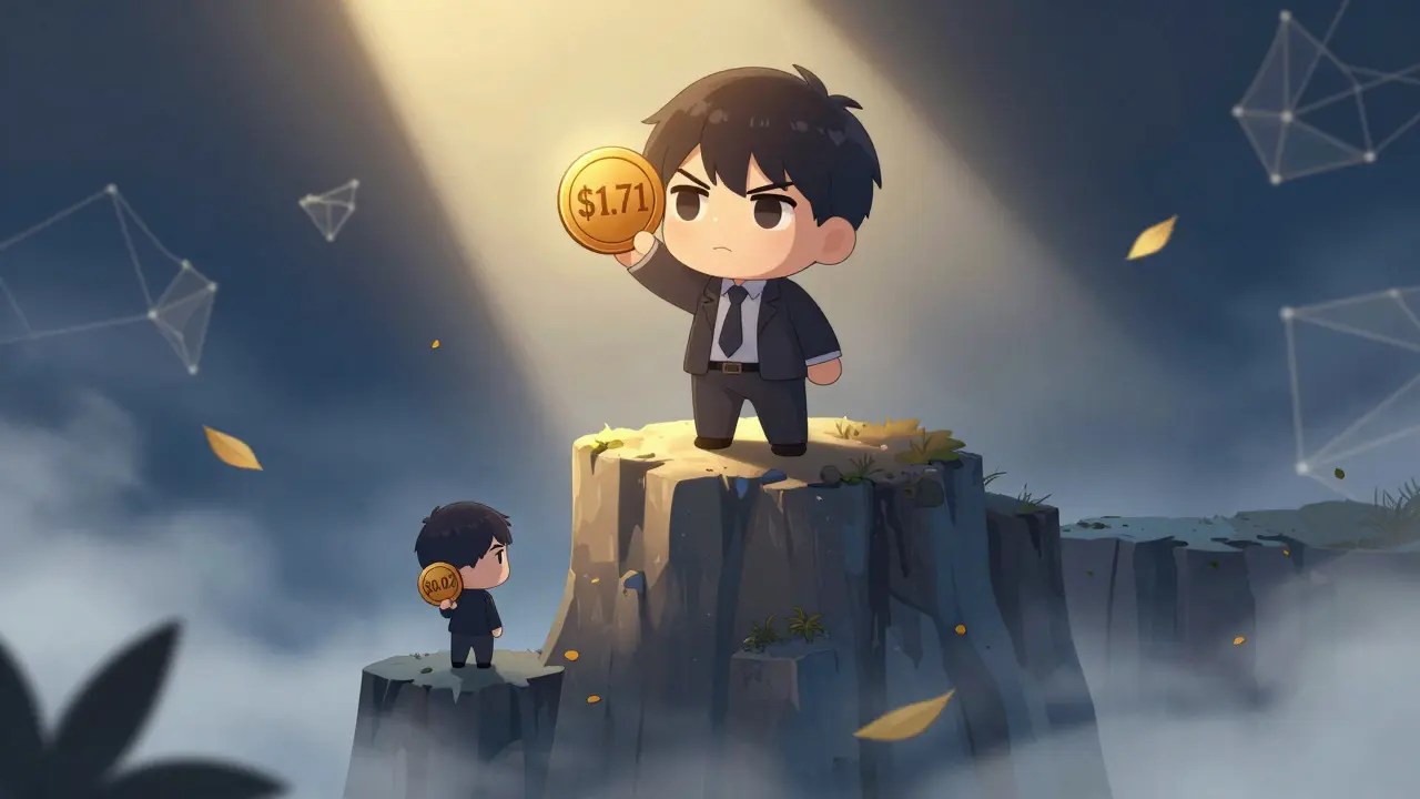 Chibi figures illustrating BFT price drop from peak to current low