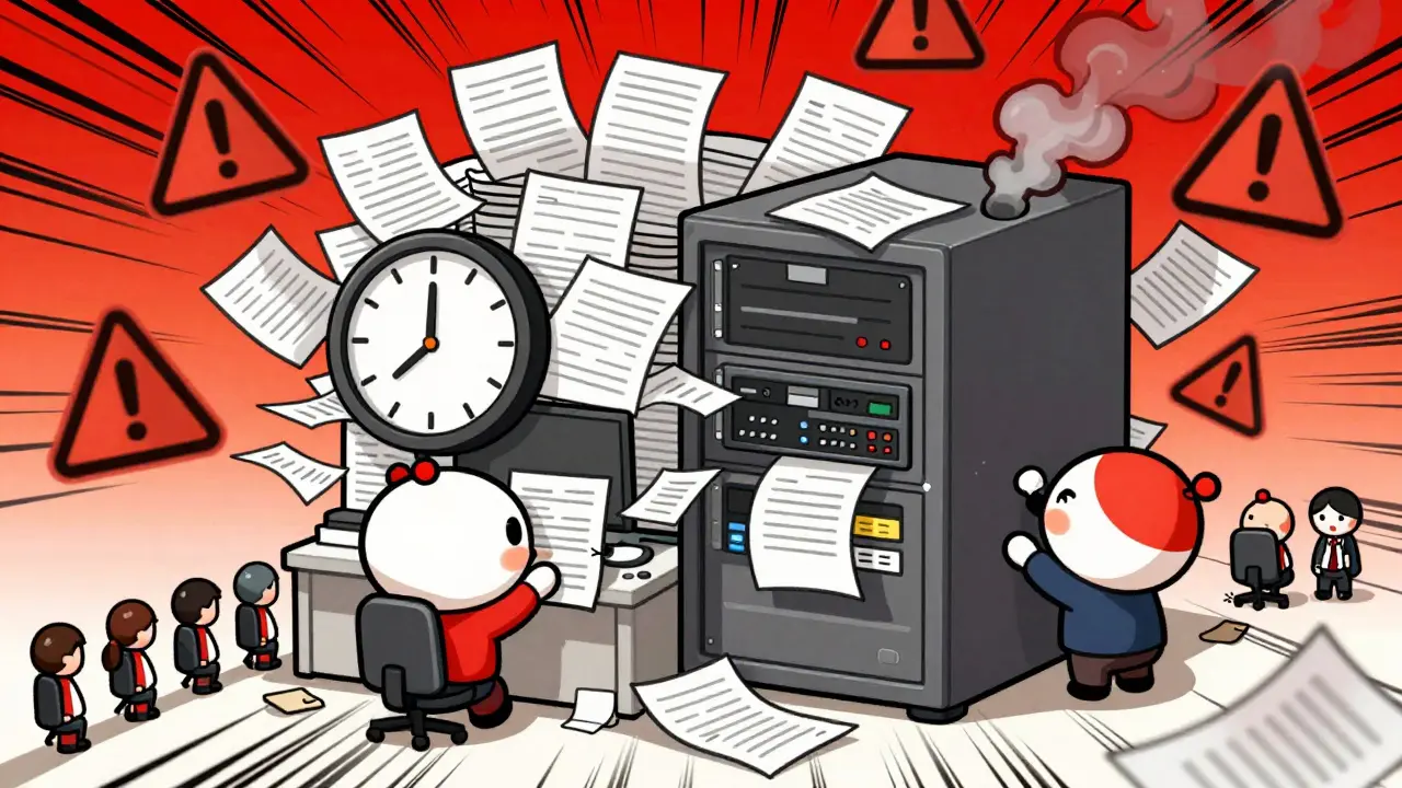 Chibi figures overwhelmed by chaos and delays in a stressed office setting
