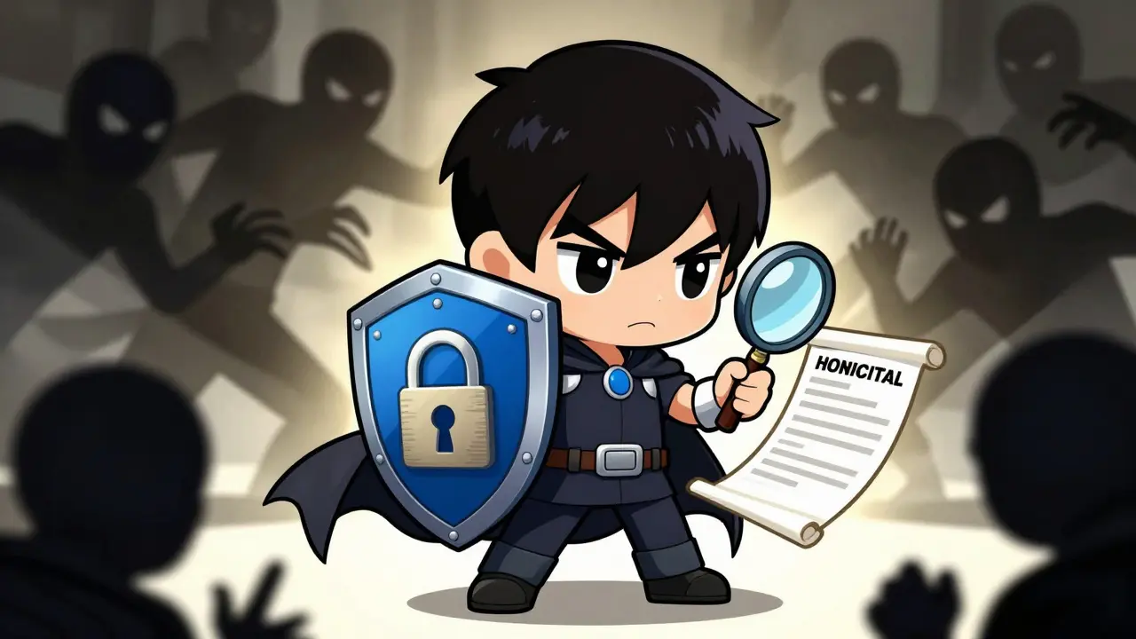 Chibi hero blocking crypto scams with a security shield