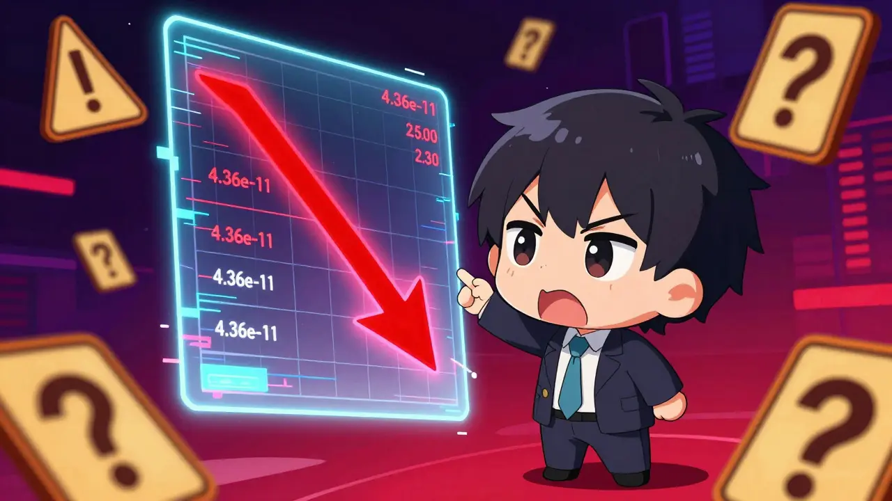 Chibi investor confused by crashing crypto chart and warnings