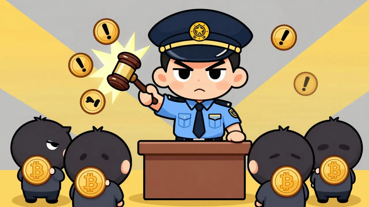 Chibi regulator enforcing crypto laws, scolding citizens hiding digital assets.