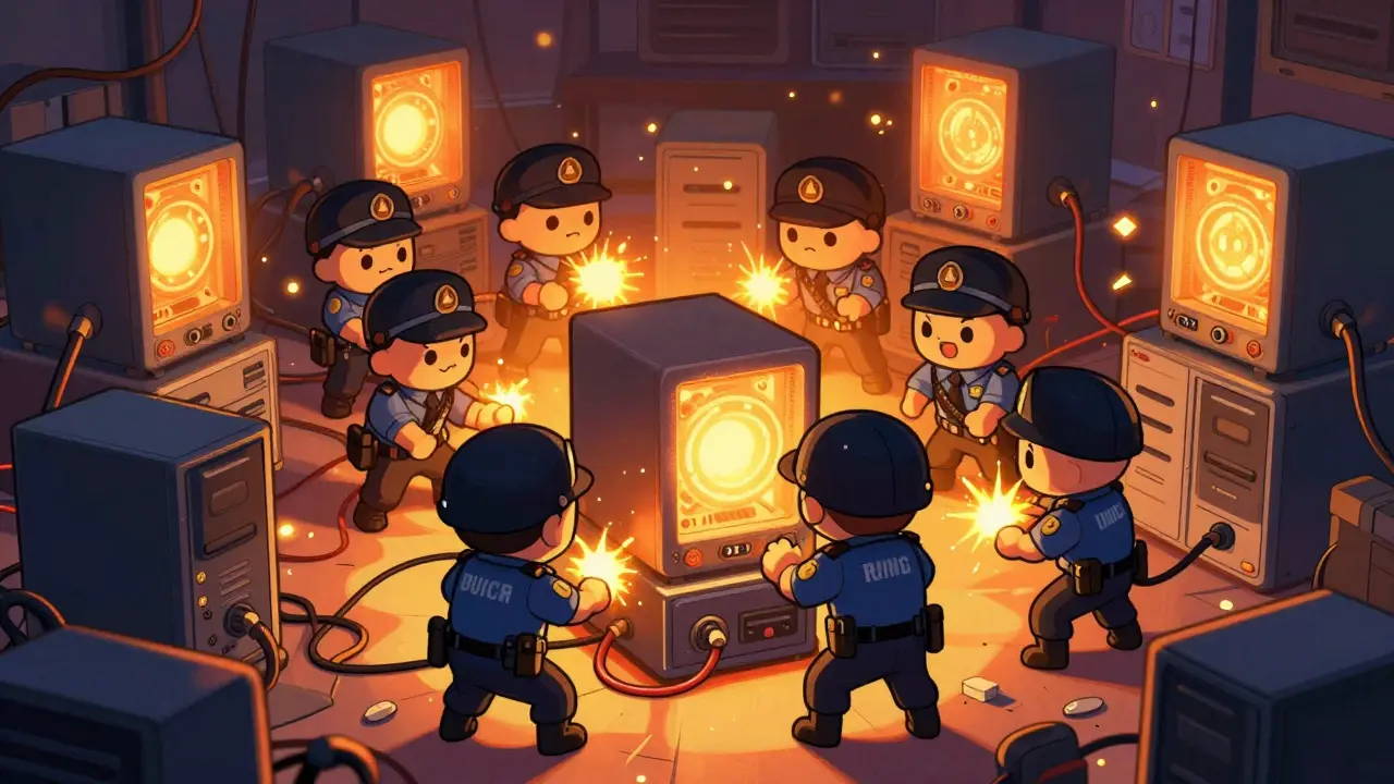 Chibi security forces shutting down illegal crypto mining rigs.