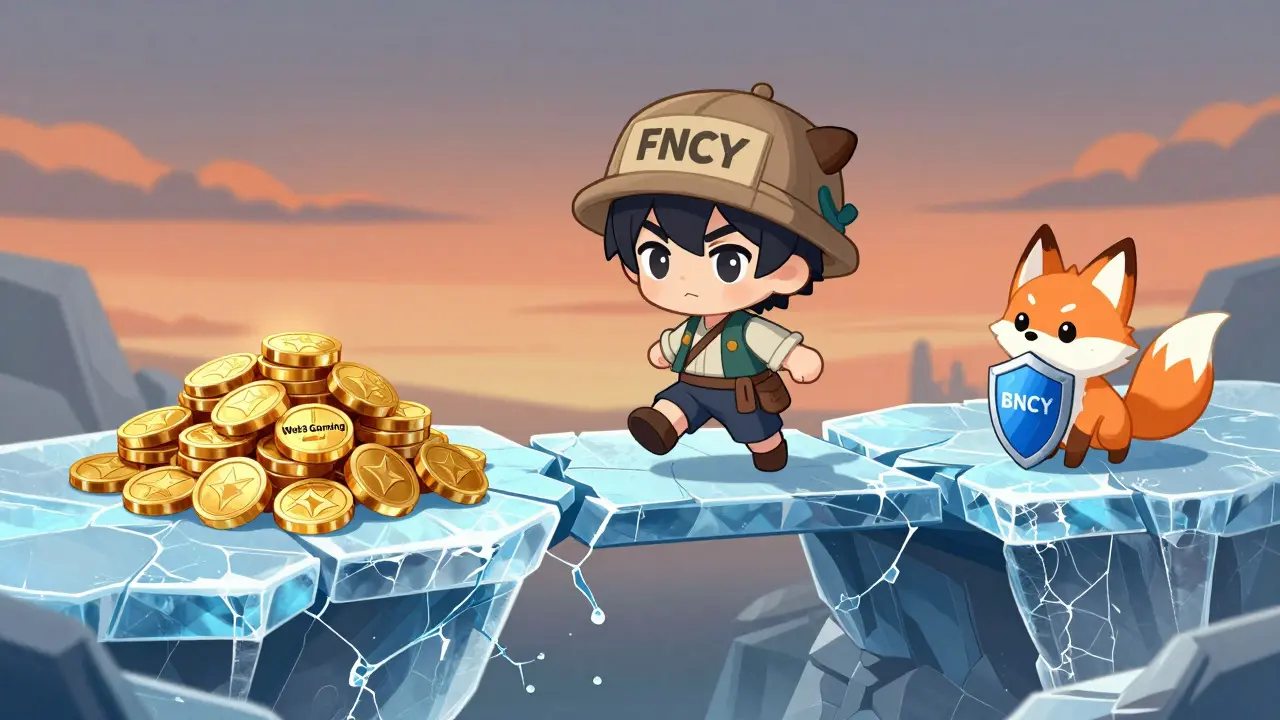 Chibi trader carefully crossing a cracking ice bridge over an abyss
