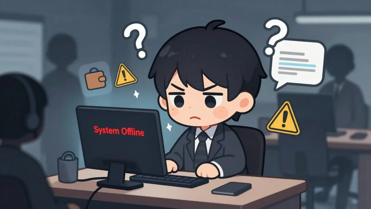 Chibi trader looking frustrated at offline screen with warning signs