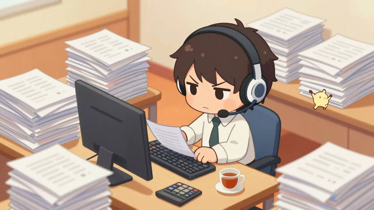 Chibi trader organizing documents and records at a desk