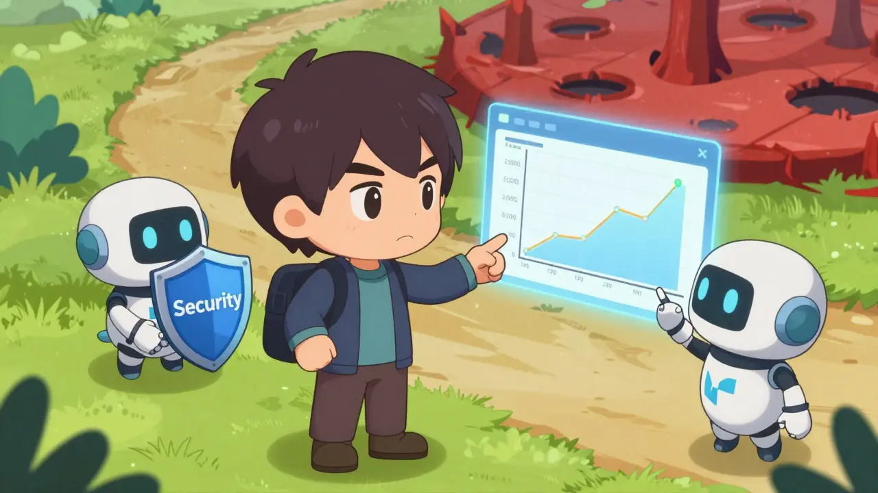 Chibi user learning safe crypto trading from robot guides in anime style