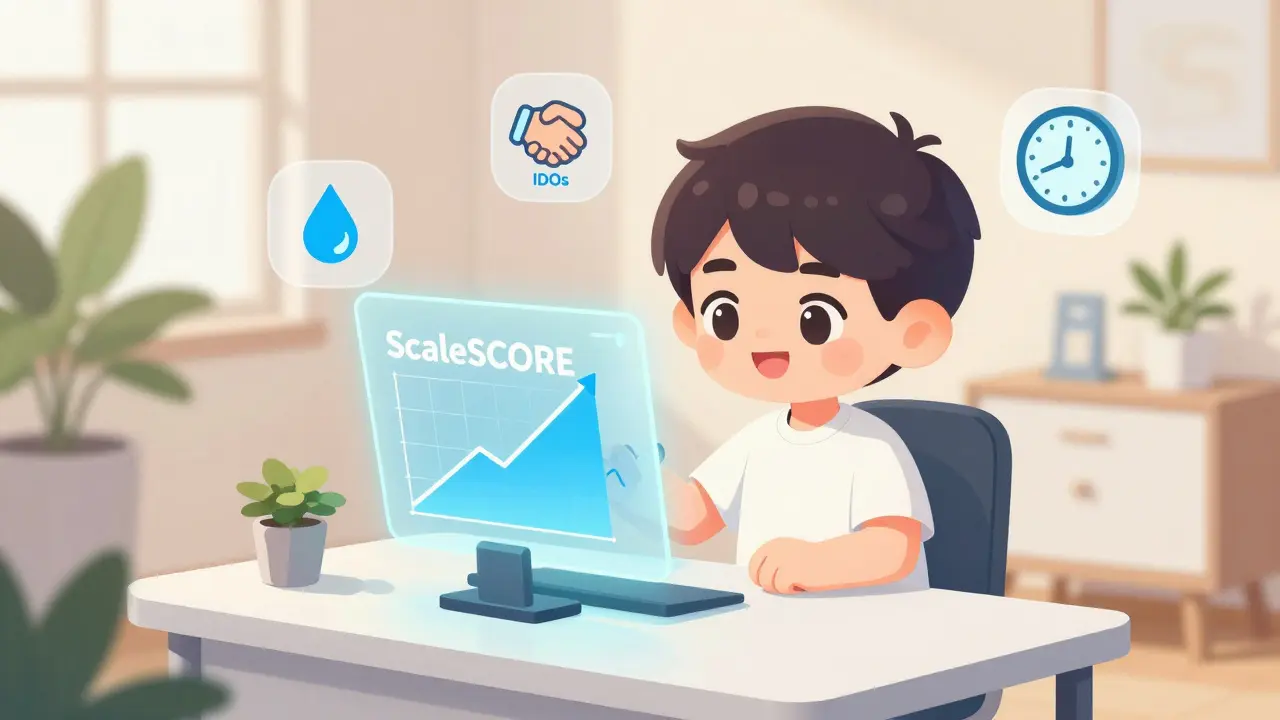 Chibi user watching their ScaleSCORE rise on a holographic dashboard