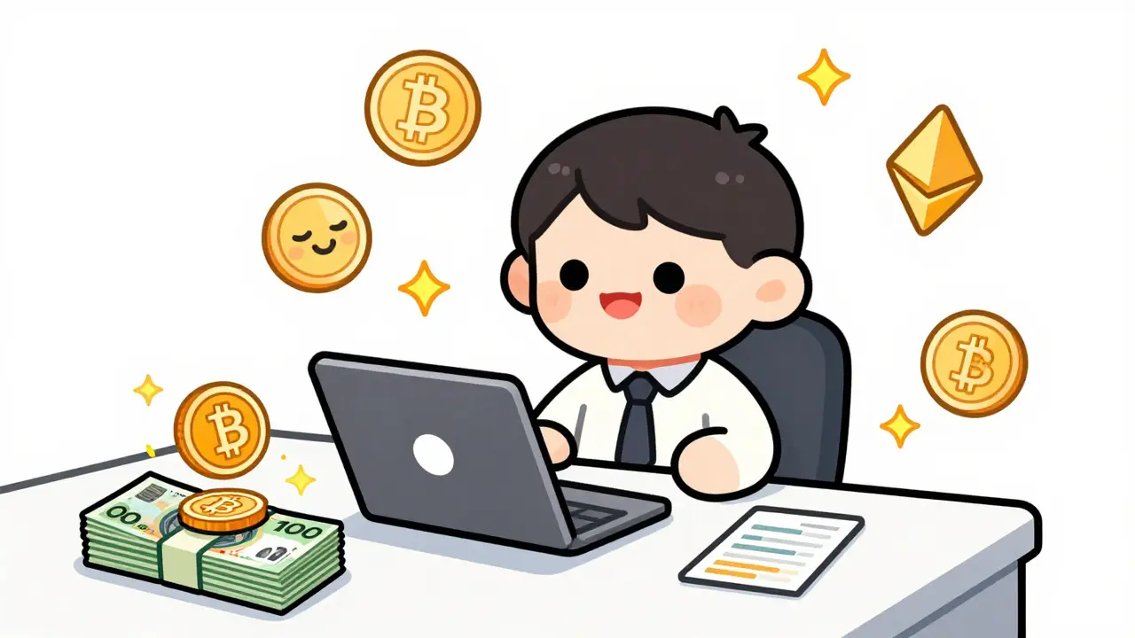 Cute character using tablet with floating crypto coins and cash