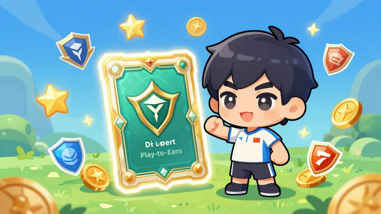 Cute chibi athlete with glowing sports NFT card in vibrant anime style