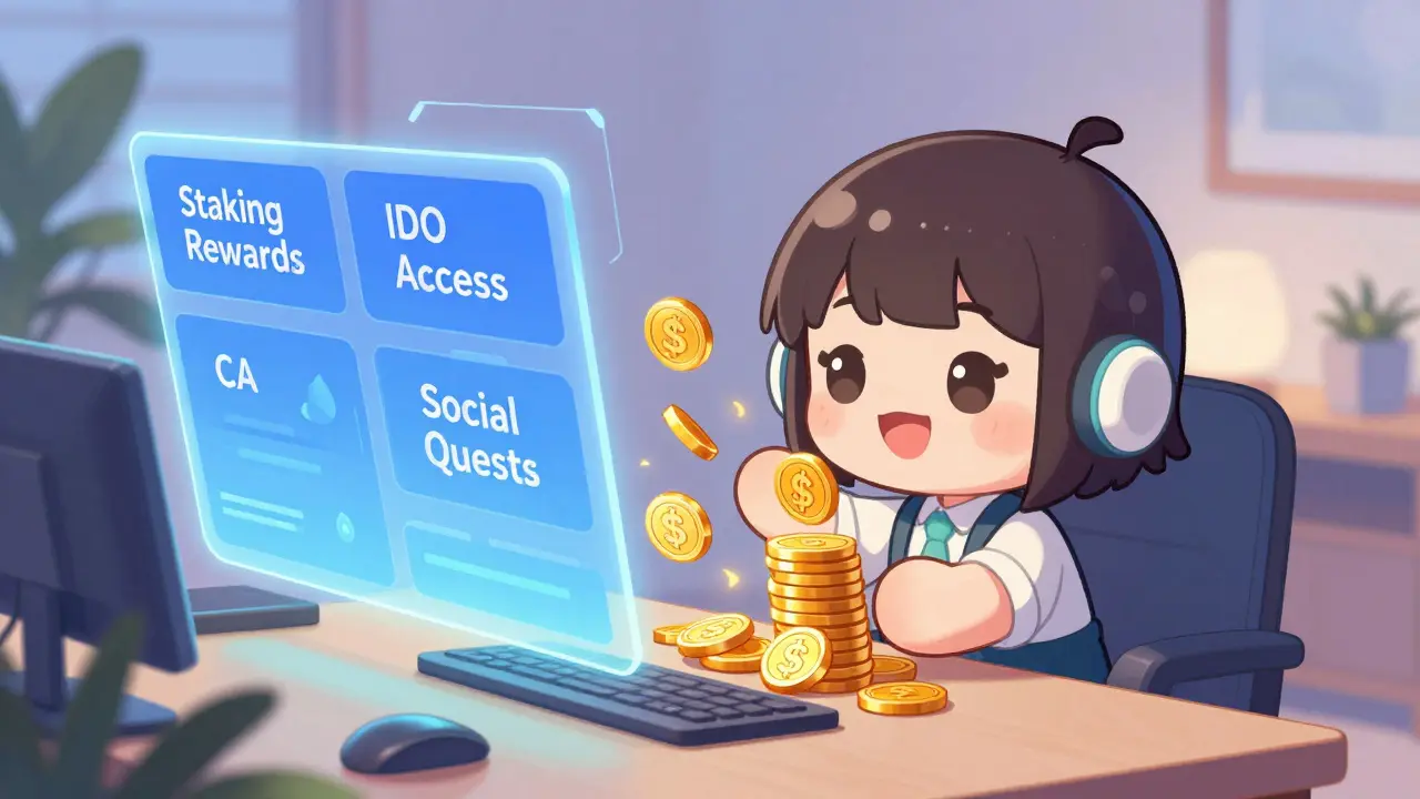 Cute chibi character earning GAME tokens via staking and quests