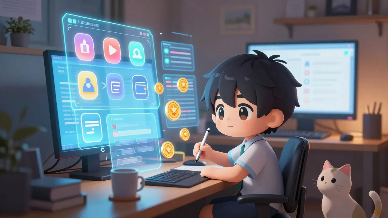 Cute chibi user completing tasks on holographic screens
