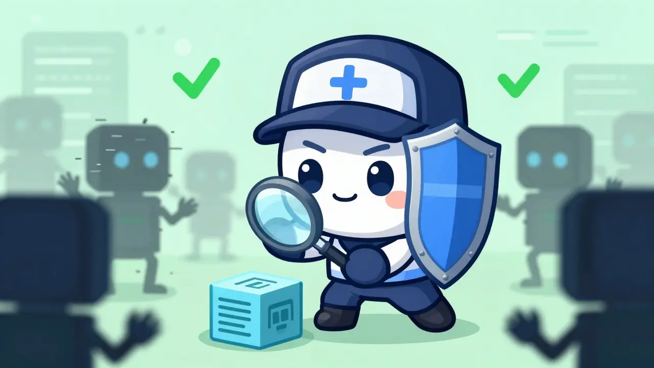 Cute shield mascot blocking bots to protect secure smart contracts