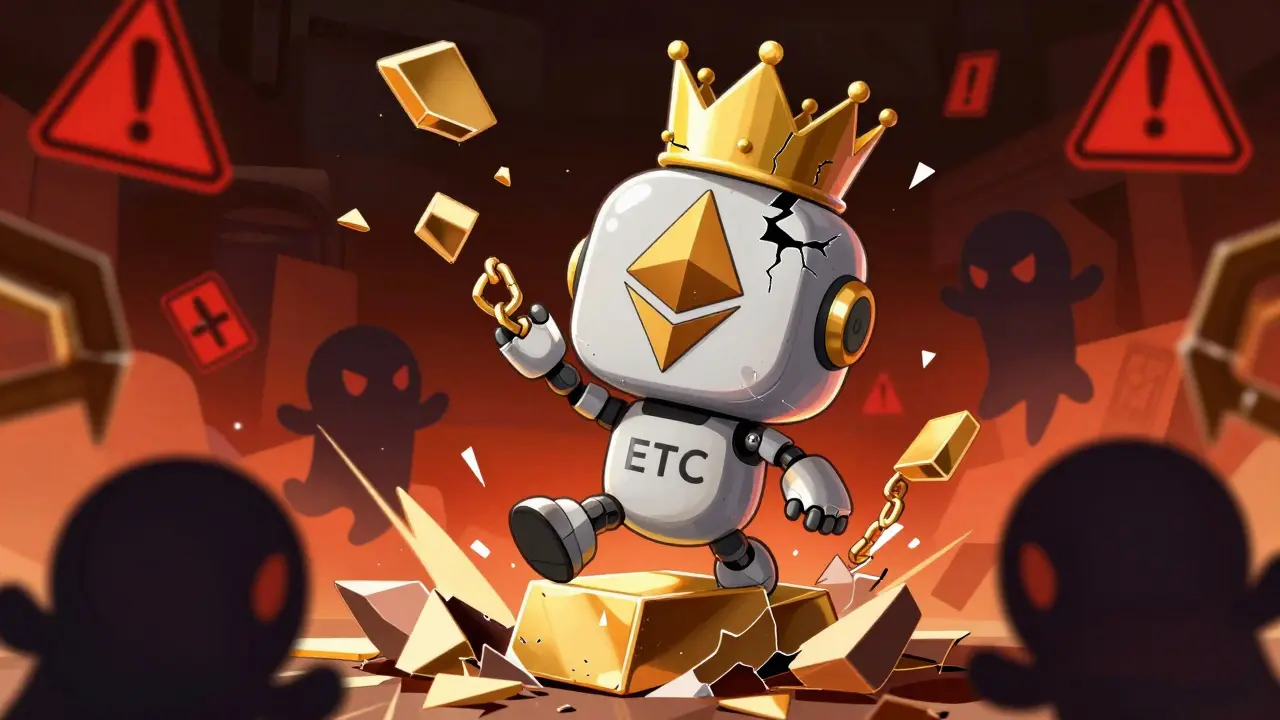 Distressed ETC robot chibi surrounded by attackers breaking blockchain