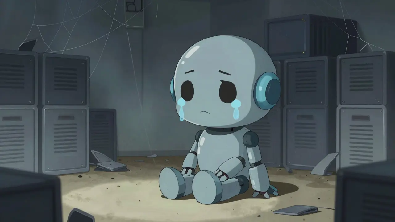 Lonely chibi mascot in abandoned digital room, zombie coin