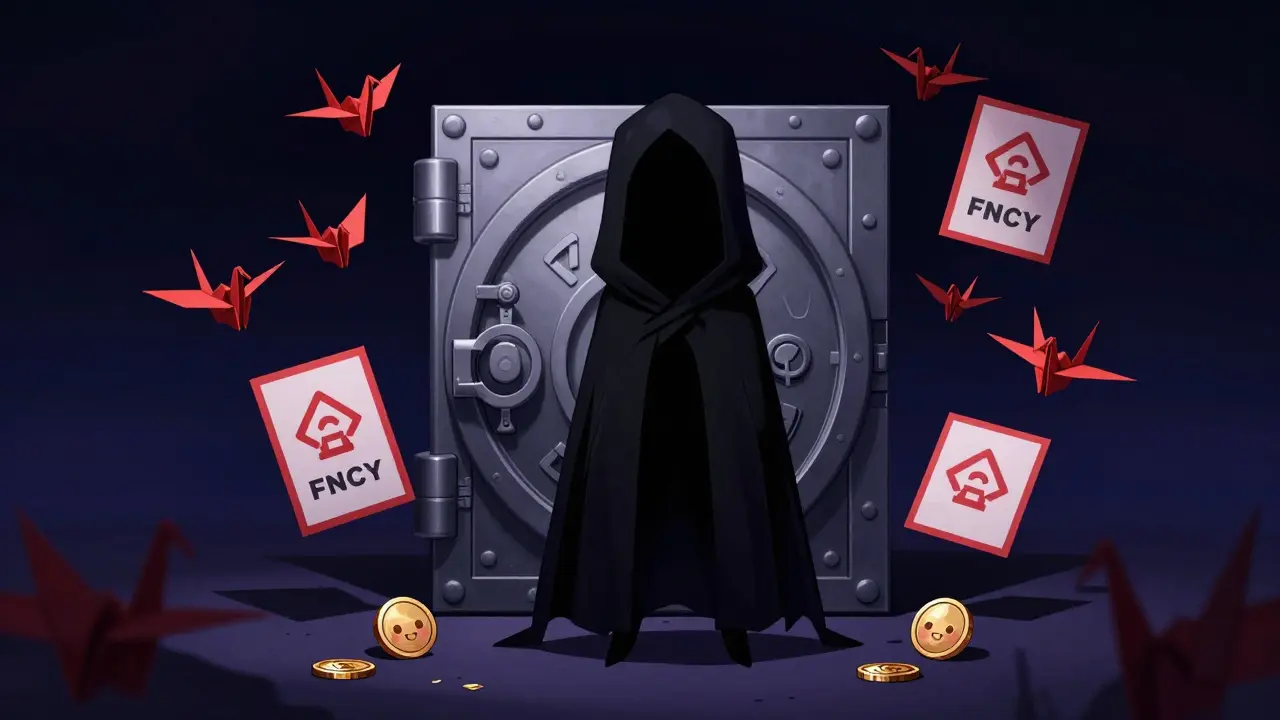 Shadowy figure hiding behind a locked vault with warning flags