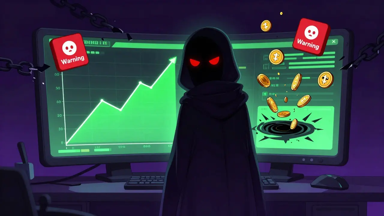 Shadowy figure manipulates fake profit charts on a scam website