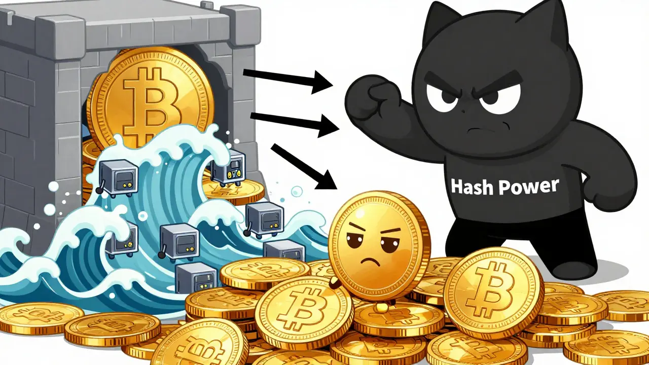 Small BTG coin chibi overwhelmed by redirected mining hash power