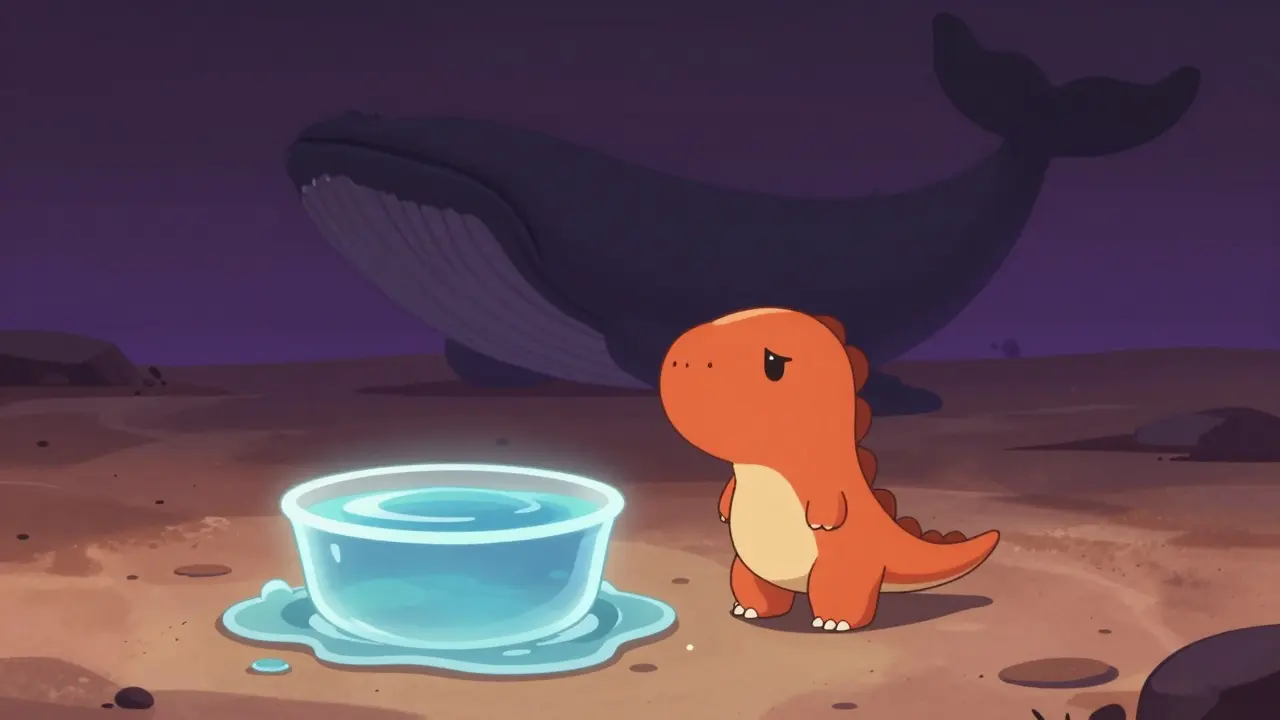 Small chibi dinosaur facing a looming shadow over a shrinking liquidity pool.