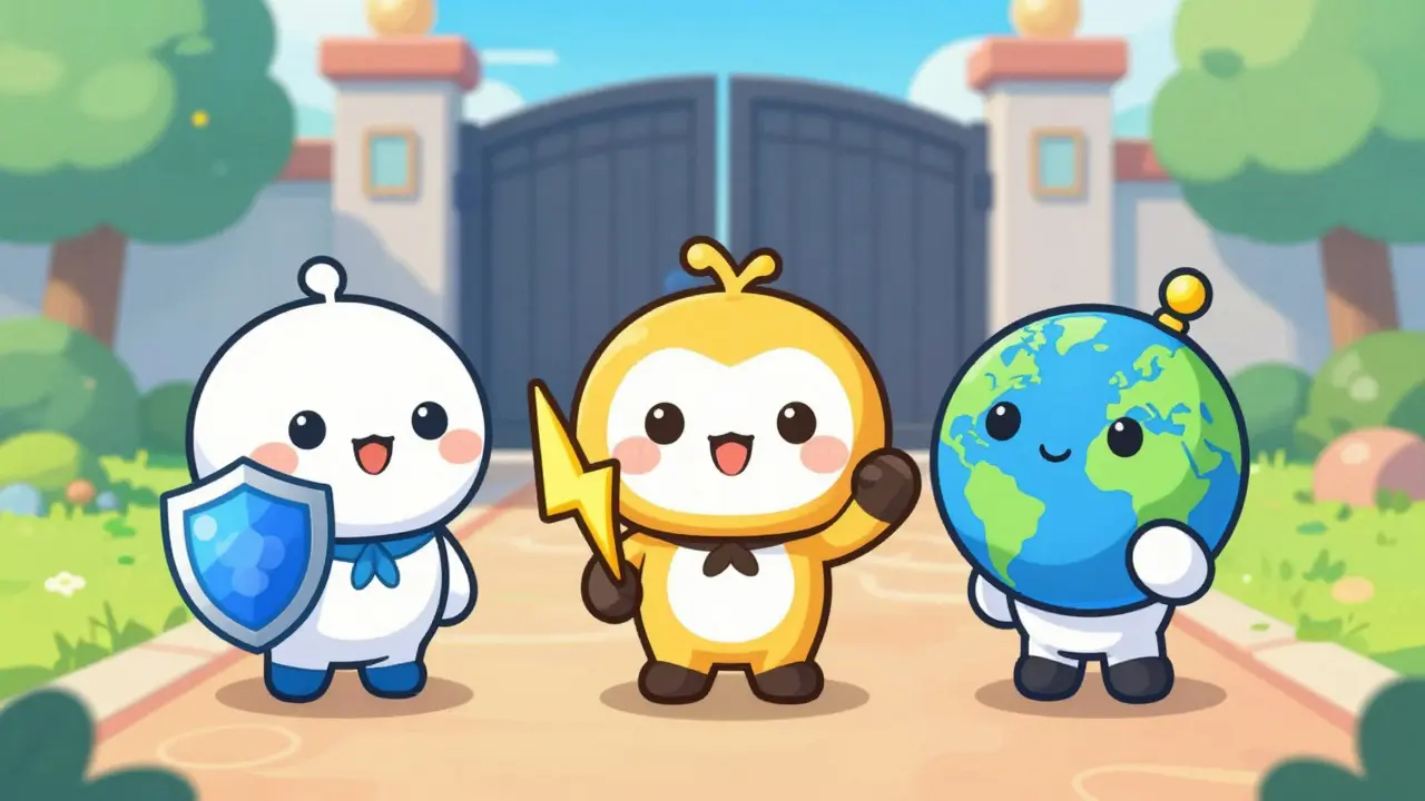Three chibi mascots offering safe alternatives on a bright path forward
