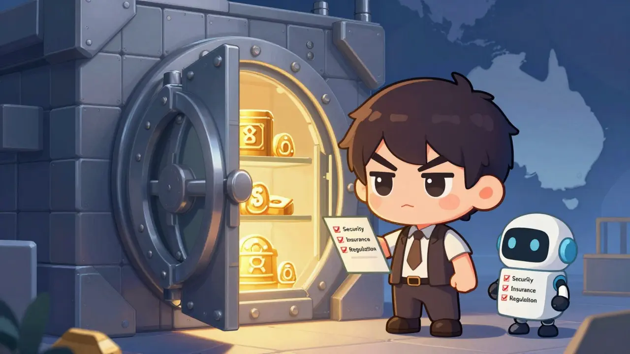 Tiny trader standing by secure blockchain vault with robot