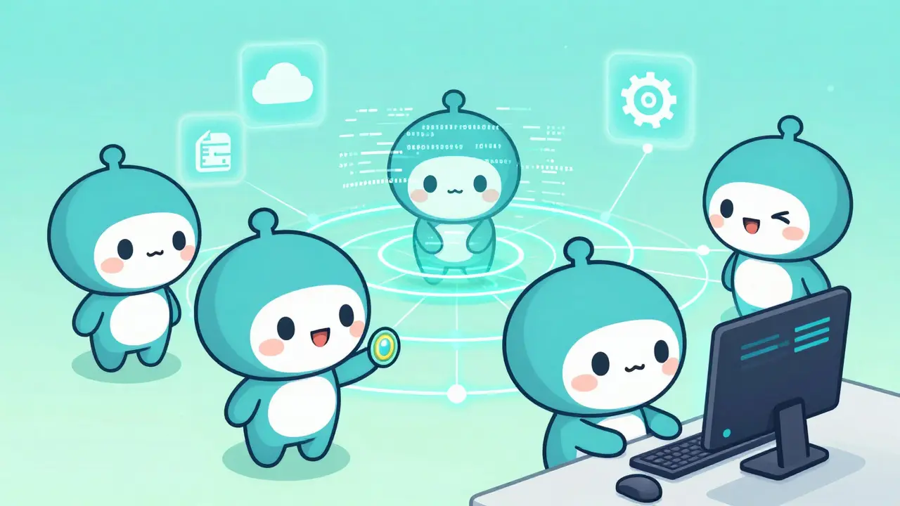 Chibi anime characters exchanging tokens in a decentralized digital network