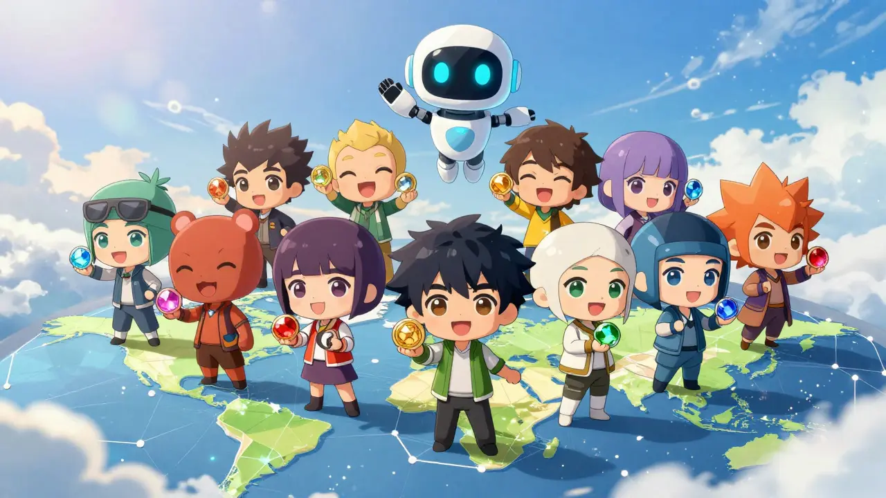 Chibi anime group holding utility tokens with an AI assistant in a global setting