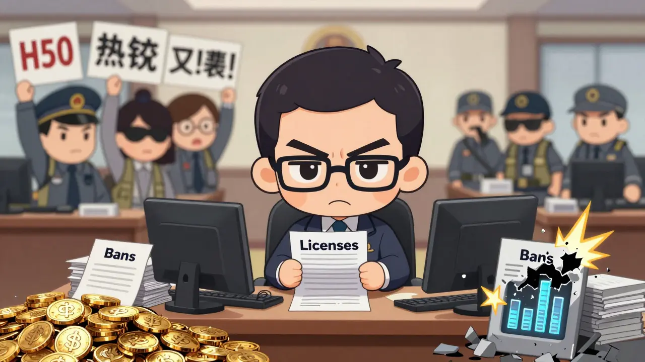 Chibi anime scene of a stressed official balancing crypto profits against failing power grids