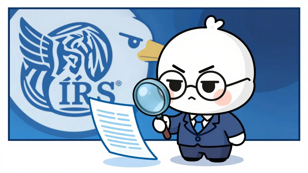 Chibi auditor examining blockchain data while a tax authority figure watches from shadows.