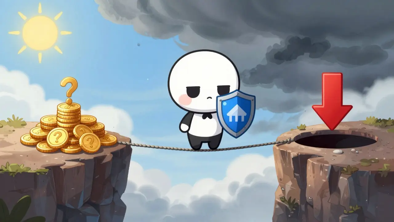 Chibi character balancing on tightrope over volatile crypto market