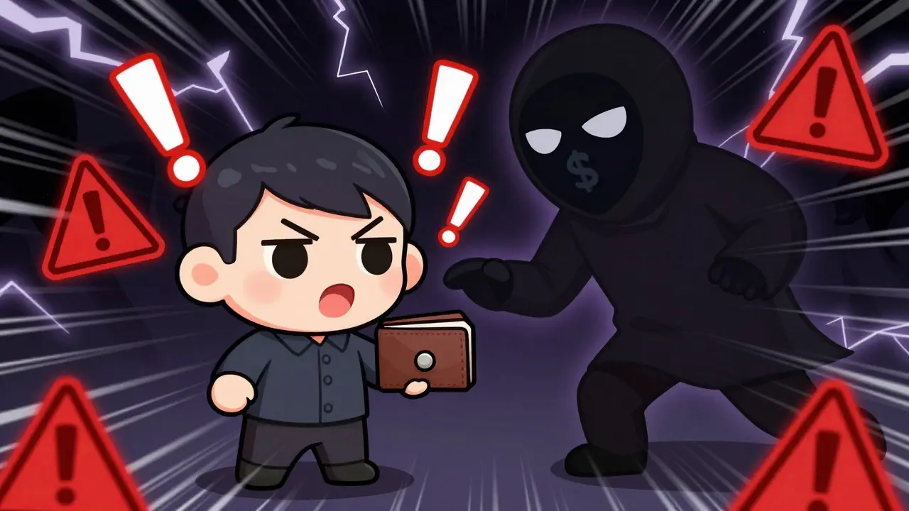 Chibi character facing a shadowy scammer ghost with warning signs