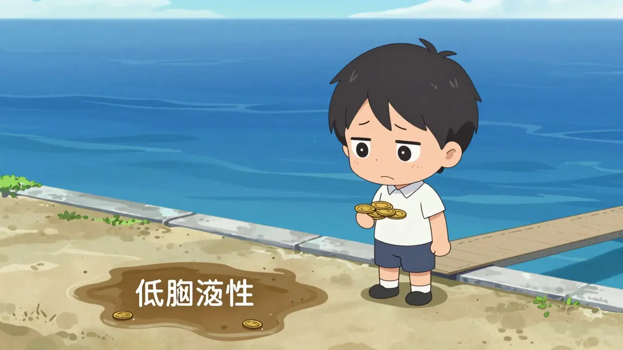 Chibi character hesitating near small liquidity pool