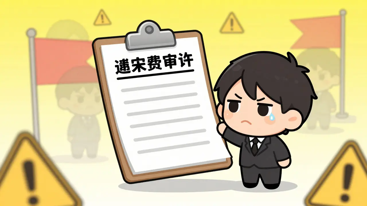 Chibi character looking worried at empty documents representing hidden fees.