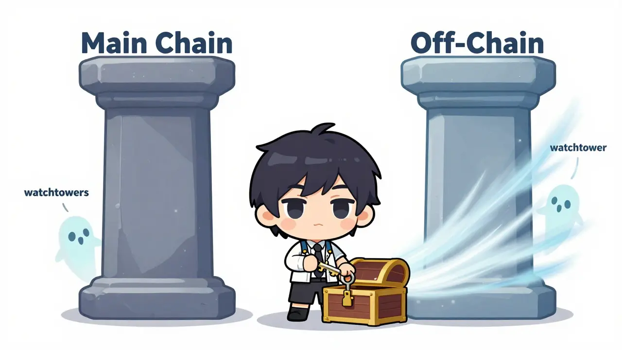 Chibi character managing a locked chest between main chain and off-chain streams