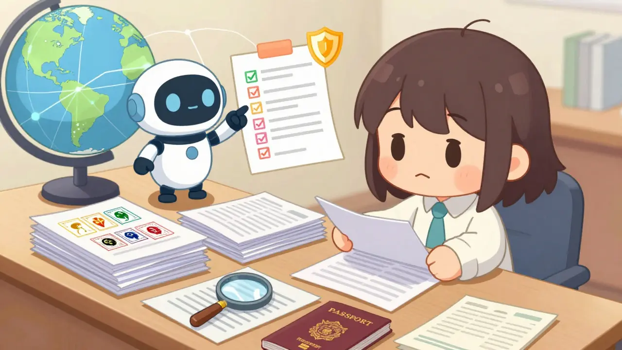 Chibi character organizing residency documents and passport stamps