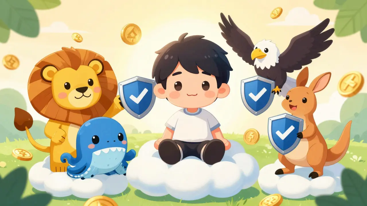 Chibi character protected by mascots of safe crypto exchanges