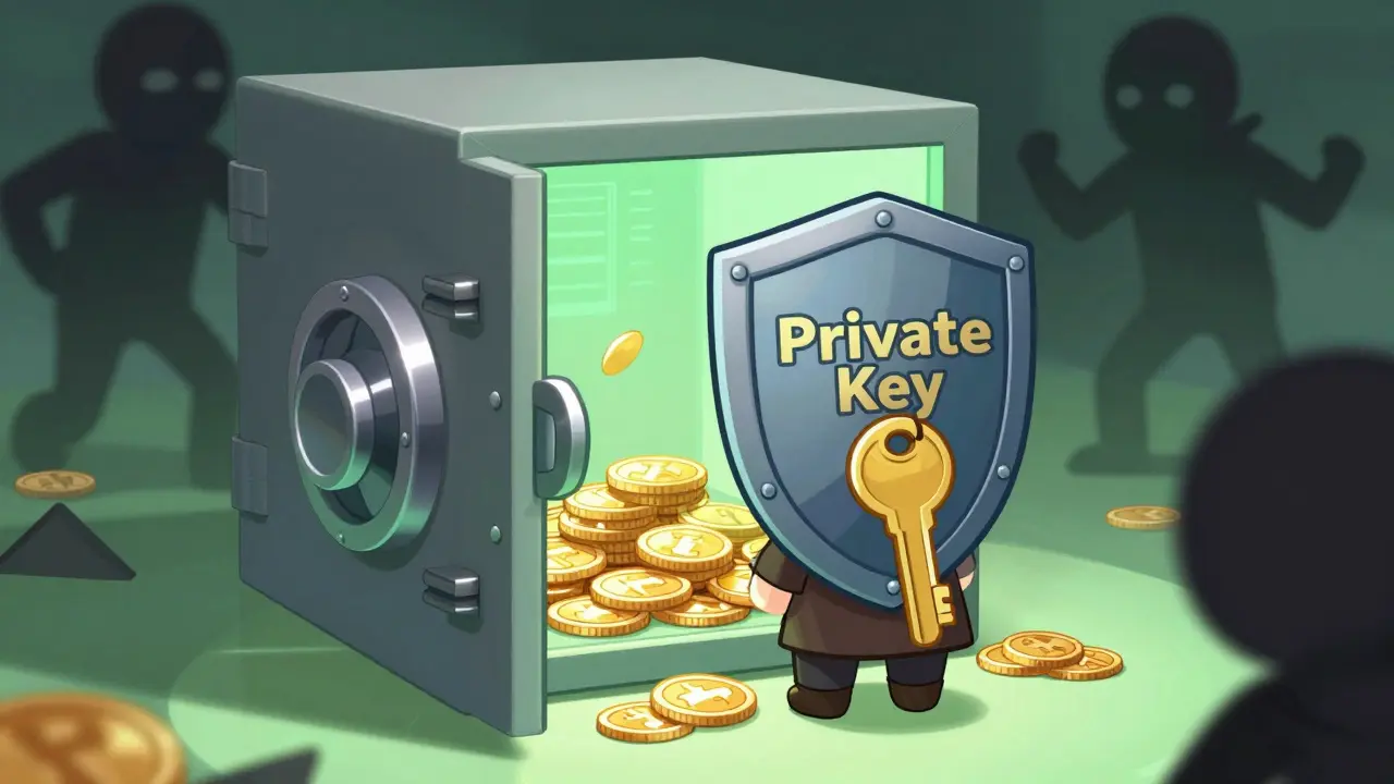 Chibi character protecting crypto assets with a security shield