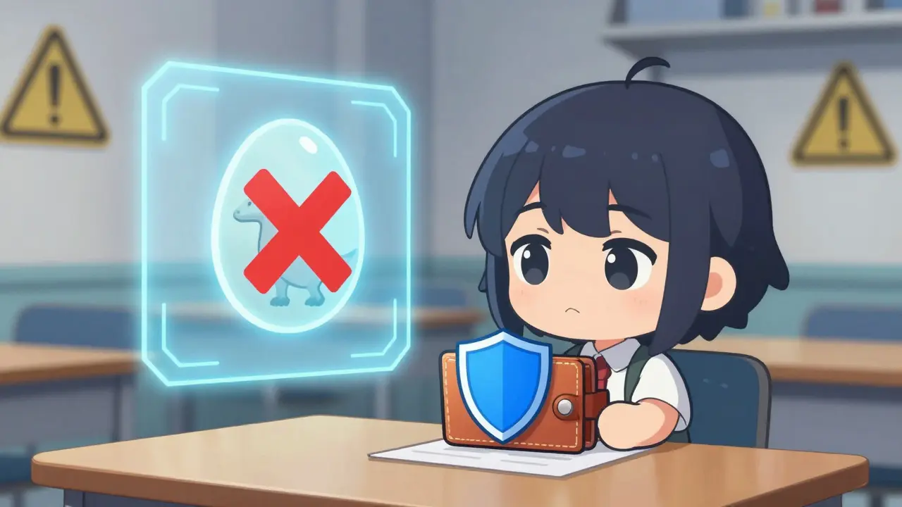 Chibi character protecting wallet while analyzing risky token data.