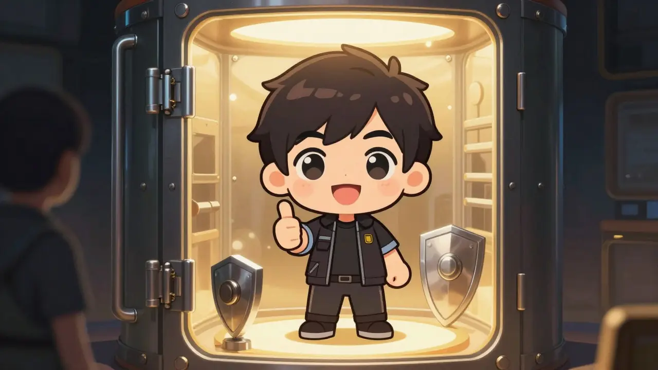 Chibi character safe in a bright vault while a shadow lurks outside.