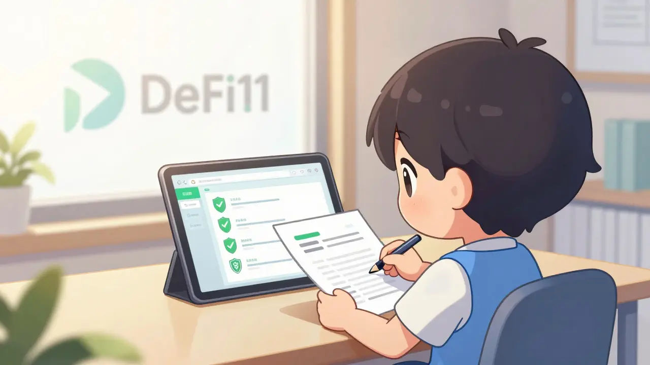 Chibi character safely verifying crypto info while old token fades away
