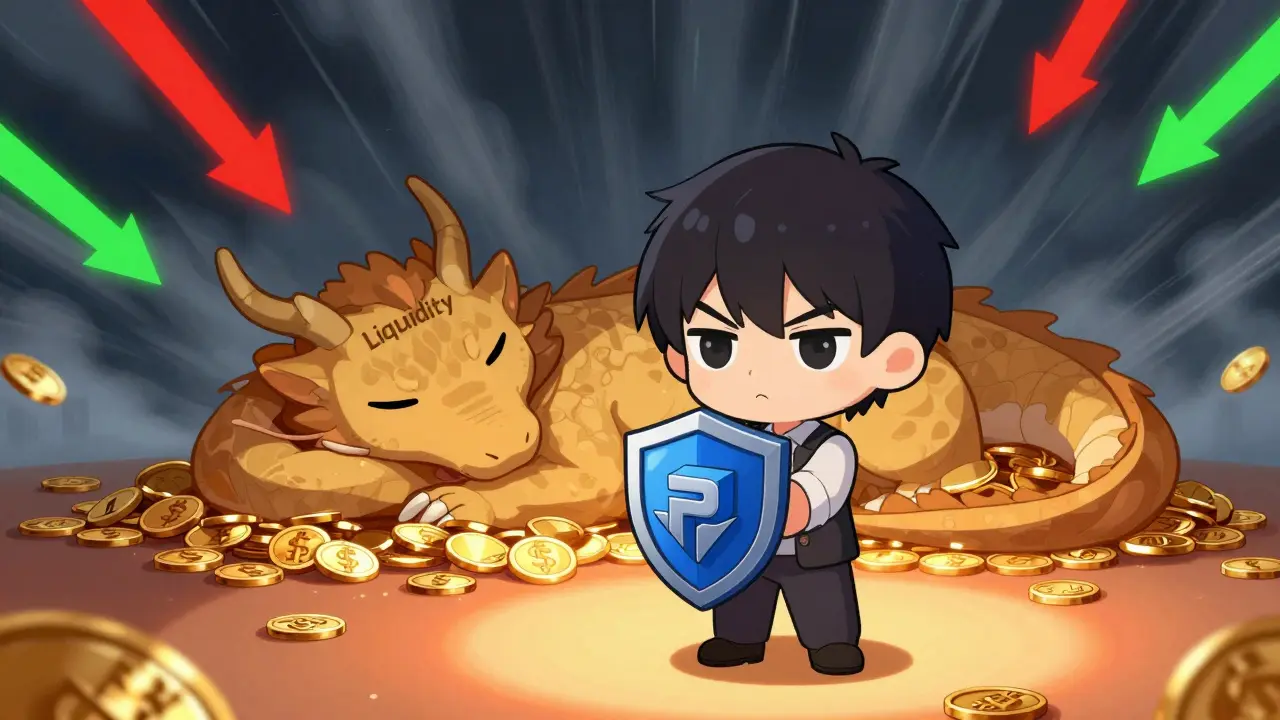 Chibi character shielding themselves from market volatility storms with a blockchain shield.