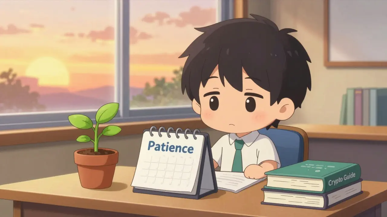 Chibi character studying patiently with plants growing nearby